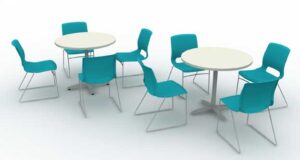 HON calypso blue chairs with white tables