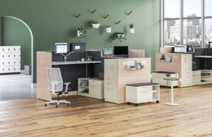 office furniture from the Hon Contain Ignition line in an office design aimed at maximizing worker productivity
