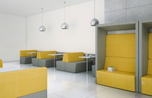 yellow and gray office pods with matching booths