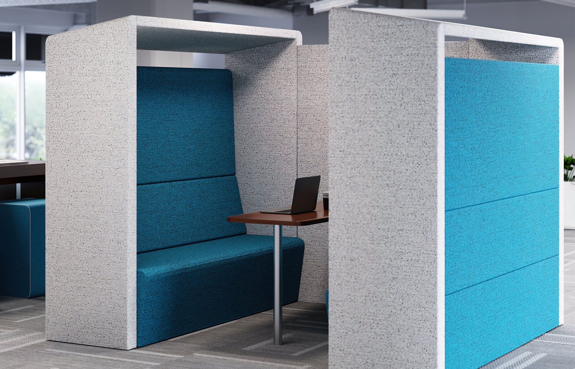 sound blocking office pod in gray and blue