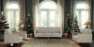 public reception area decorated for christmas and winter holidays with white chairs and sofas