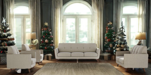 public reception area decorated for christmas and winter holidays with white chairs and sofas