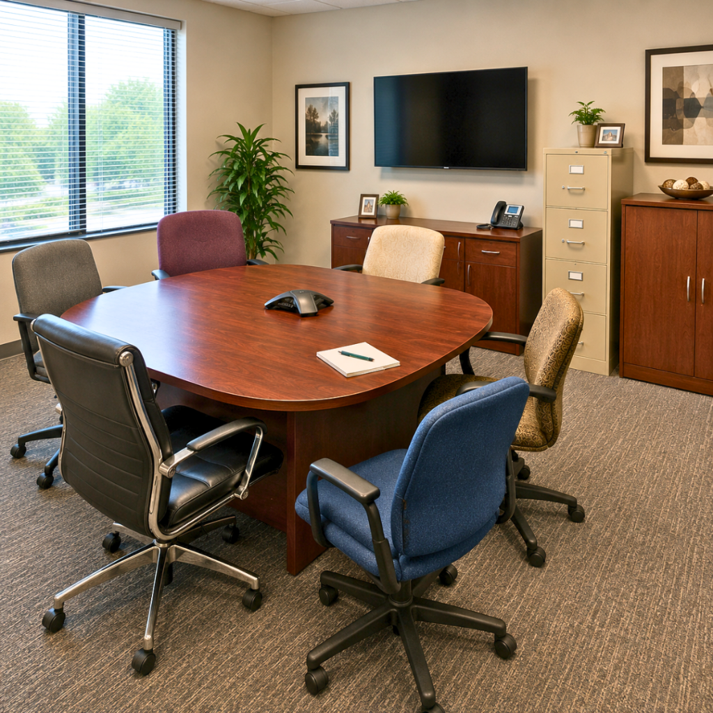 Old Office meeting room with a dowdy table and a hodgepodge of chairs